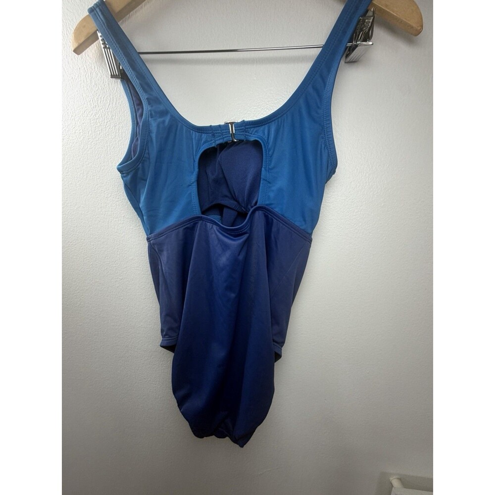Women’s Blue Colorblock One Piece Swimsuit Front Knot Cutout Wide Strap - Picture 4 of 6